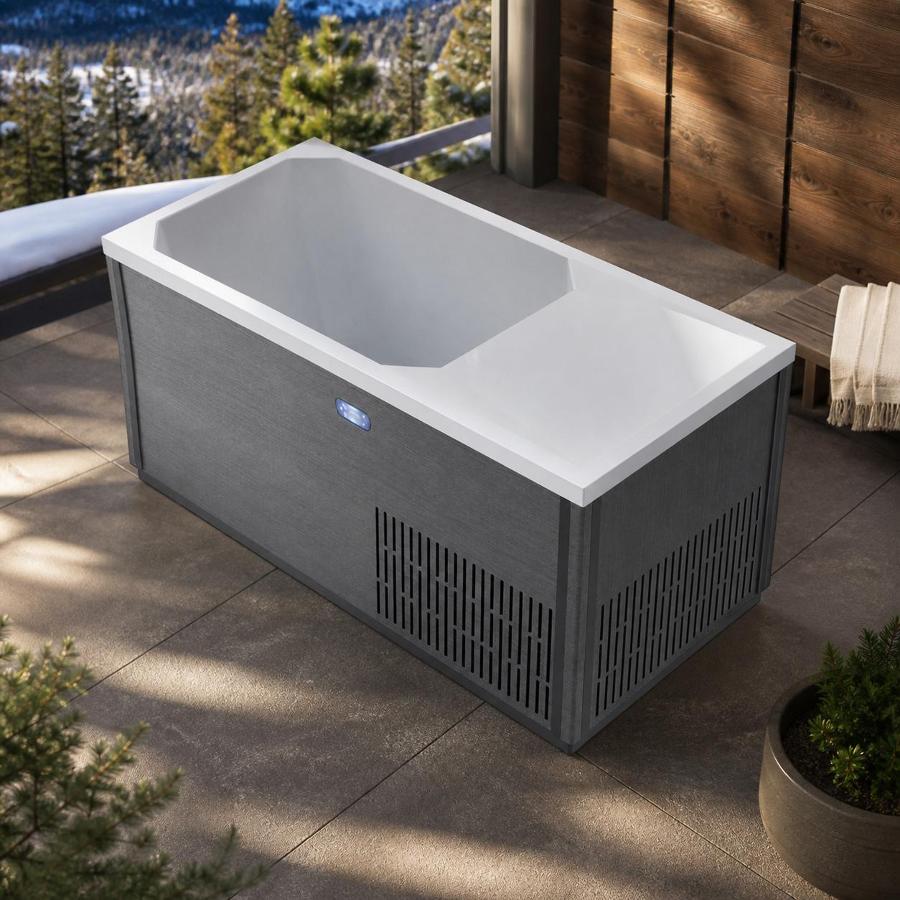 Isometric studio rendering of the outdoor cold plunge tub showing the digital control panel and acrylic basin