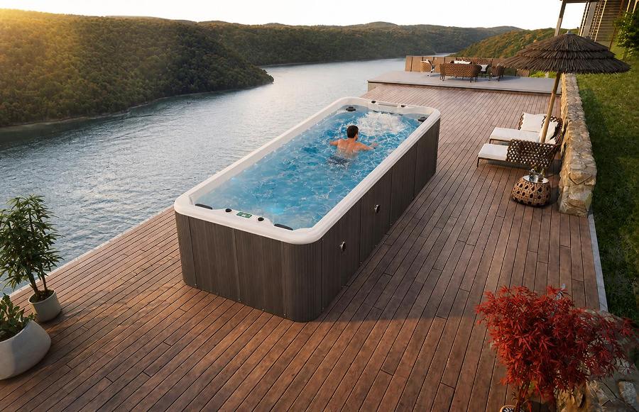 Panoramic lifestyle rendering of the swim spa on an outdoor deck patio