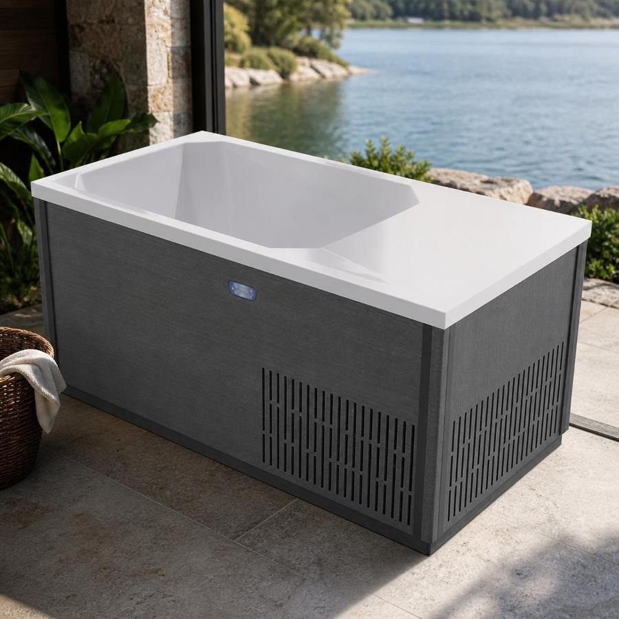 Elevated isometric view of the C02 cold plunge tub with dark cabinet and integrated entry step