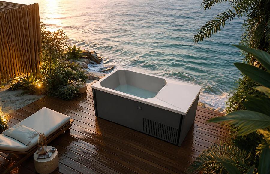 Outdoor lifestyle scene of the cold plunge tub on a wooden deck overlooking the ocean at sunset