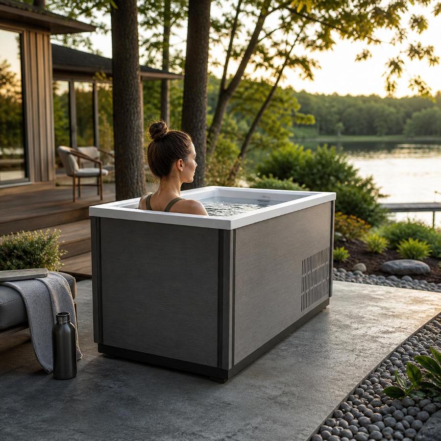 Outdoor cold plunge tub installed on a modern home patio at twilight