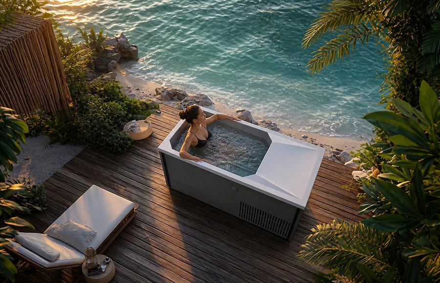 Outdoor cold plunge tub on a wooden deck overlooking the ocean at sunset