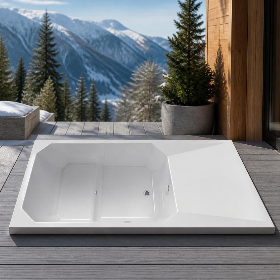 Overhead view of the cold plunge tub basin with integrated seating step