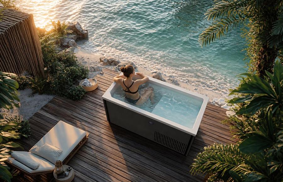 Cold plunge tub installed on an outdoor deck overlooking a coastal shoreline at sunset