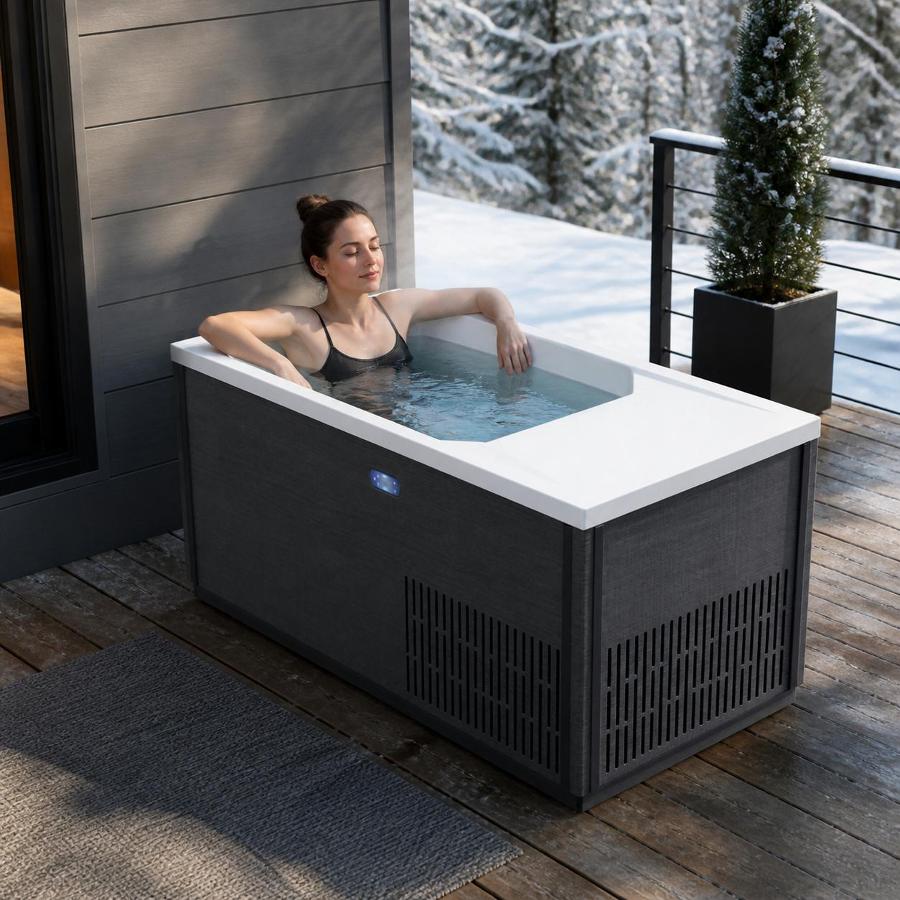 Elevated 45-degree isometric studio product rendering of the C02 cold plunge tub isolated on a solid white background