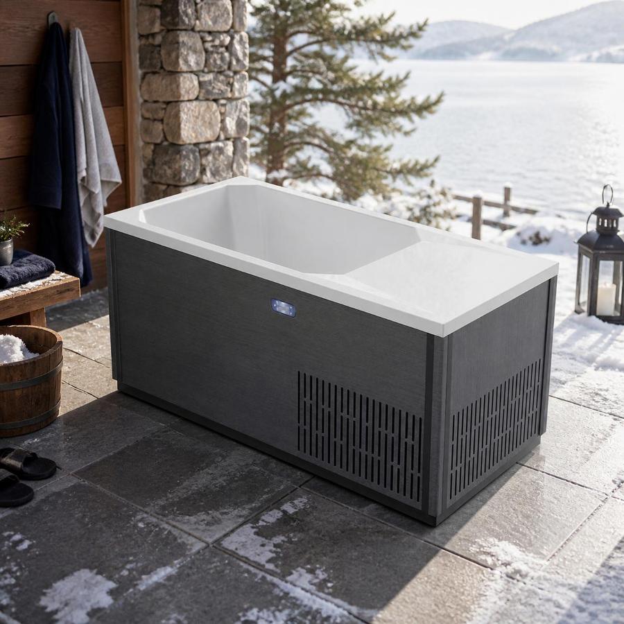 Isometric studio rendering of the C02 cold plunge tub with dark composite cabinet and white acrylic basin