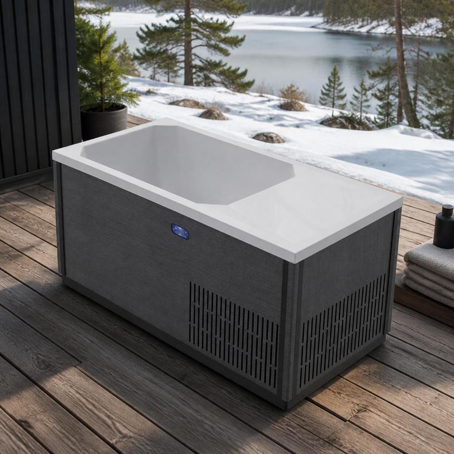 Elevated studio rendering of the C02 cold plunge tub with charcoal wood-textured cabinet and white acrylic basin