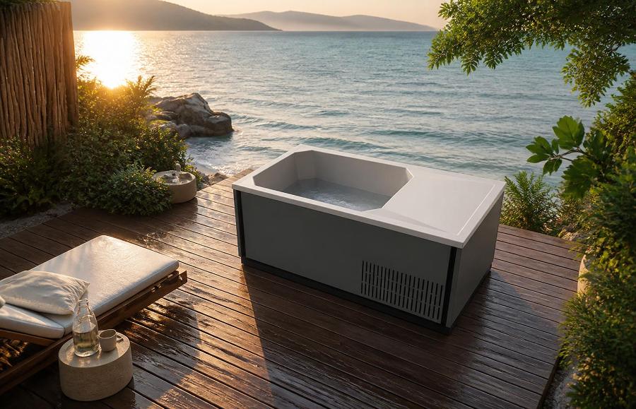 Scenic lifestyle view of the cold plunge tub on a timber deck overlooking a turquoise ocean at sunset