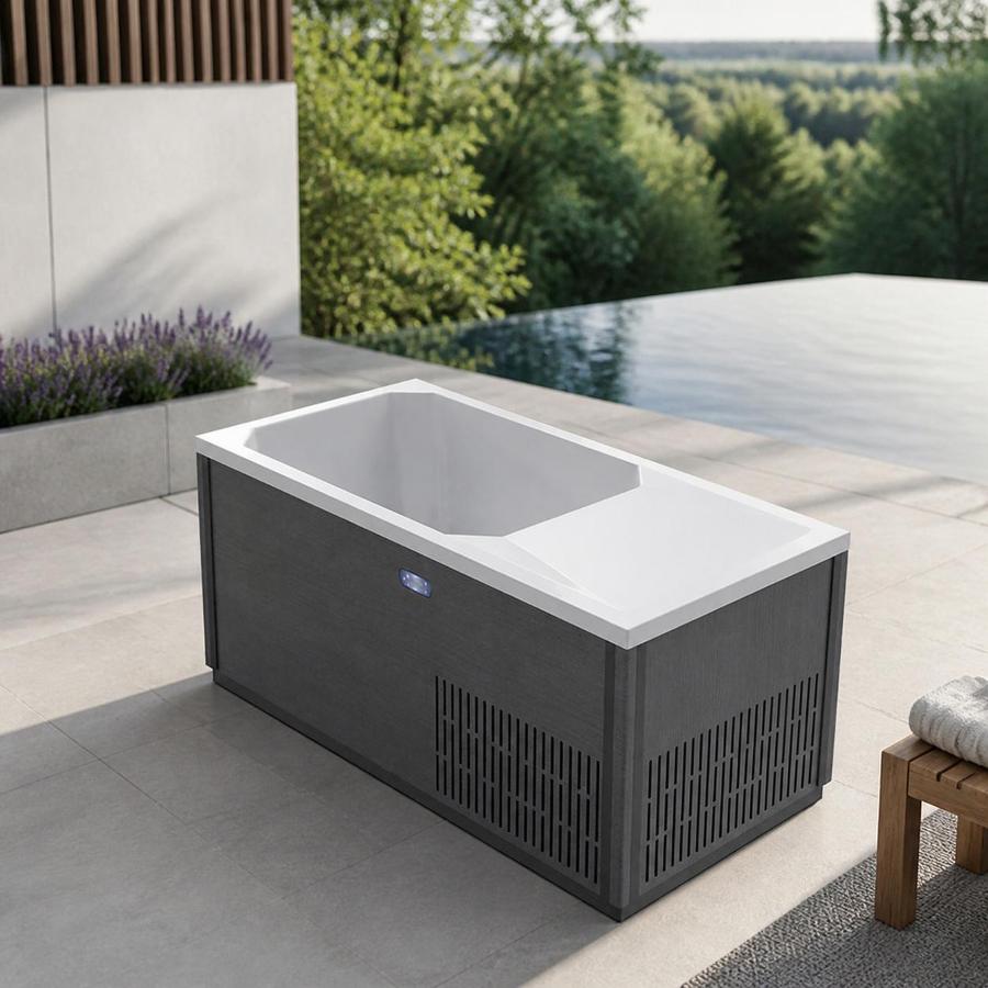 Isometric studio rendering of the C02 cold plunge tub with dark wood-textured cabinet and white acrylic basin