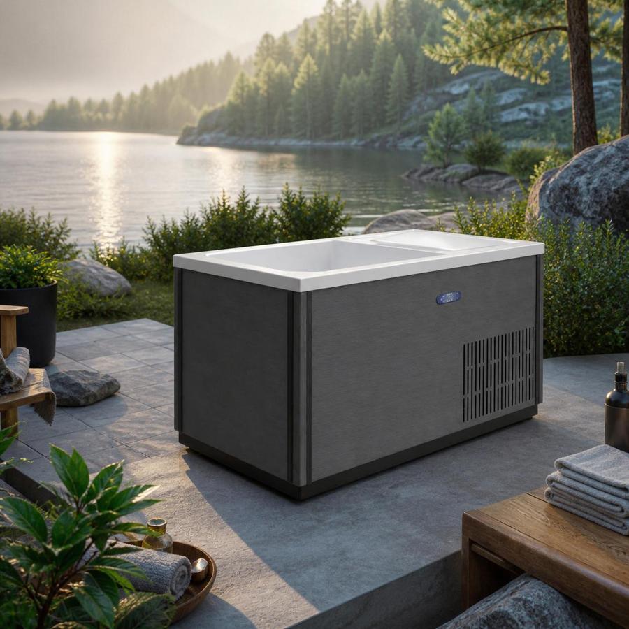Twilight rendering of the outdoor cold plunge tub installed on a concrete patio outside a modern home