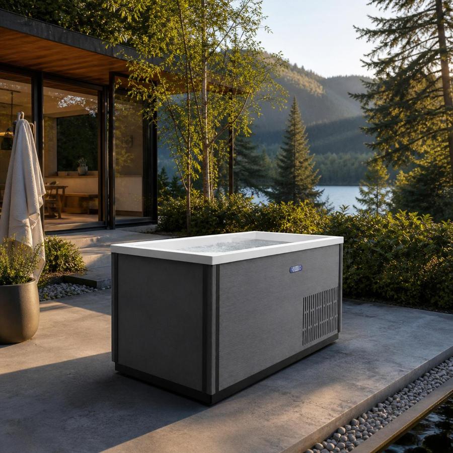 Cold plunge tub installed on an outdoor patio at twilight