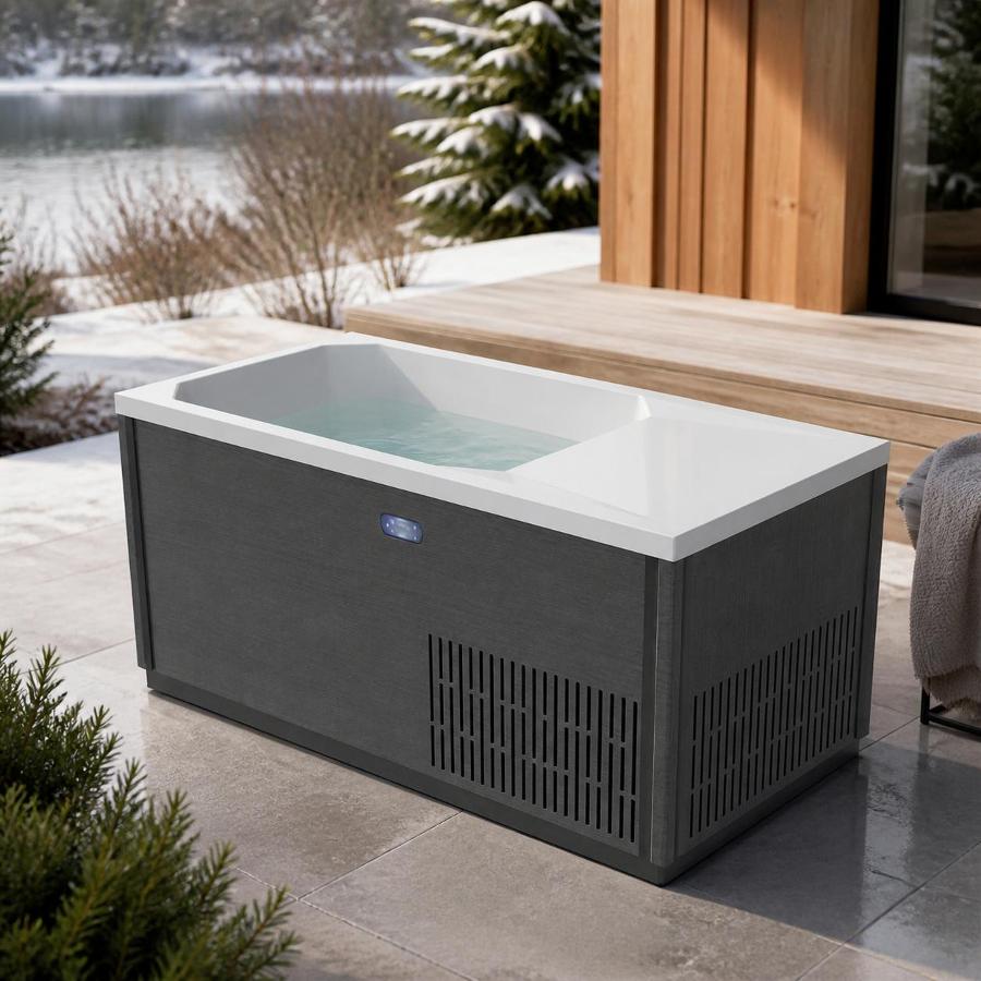 Elevated isometric studio rendering of the C02 cold plunge tub showing its dark wood-textured cabinet, digital control panel, and white acrylic interior
