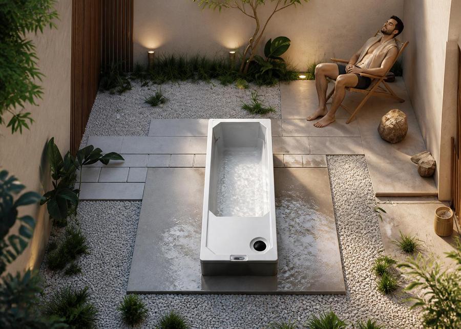 Overhead architectural rendering of a minimalist courtyard with a cold plunge tub set into a stone patio, surrounded by white gravel and warm lighting