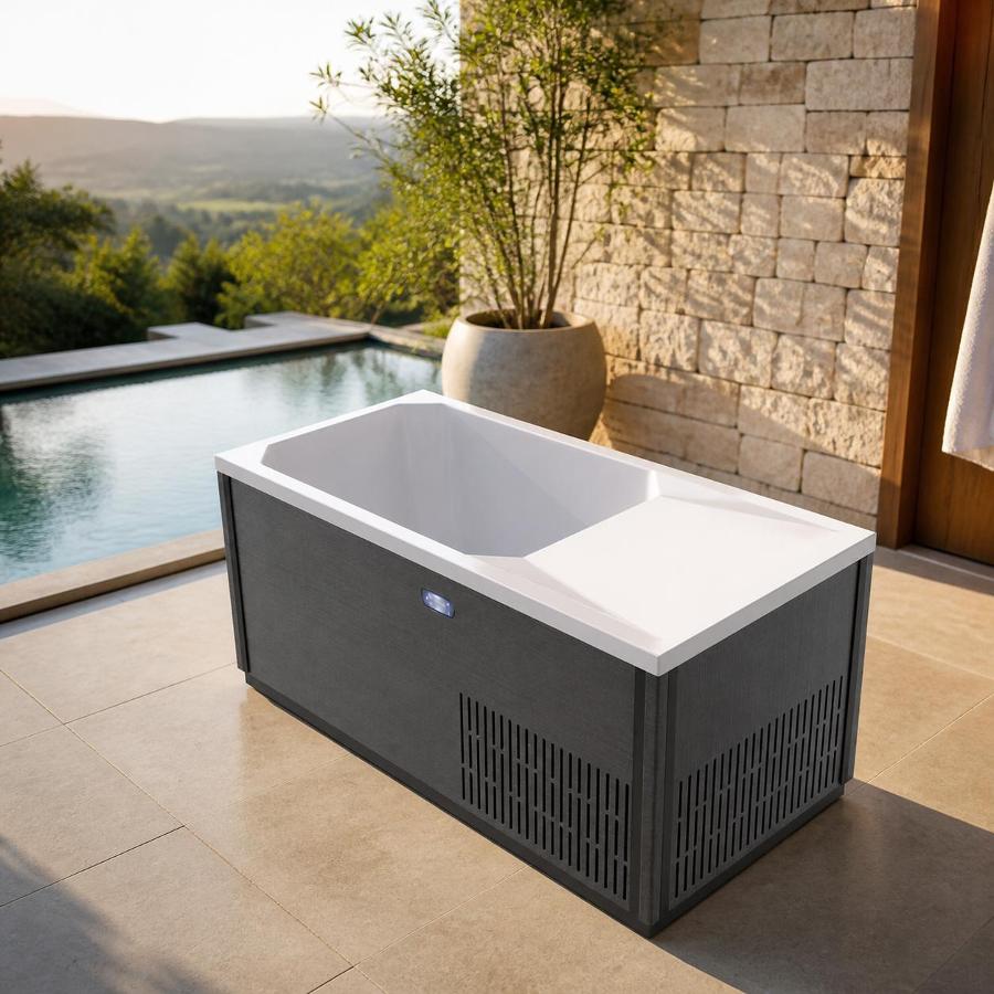 Elevated isometric rendering of the C02 cold plunge tub with charcoal cabinet and digital control panel