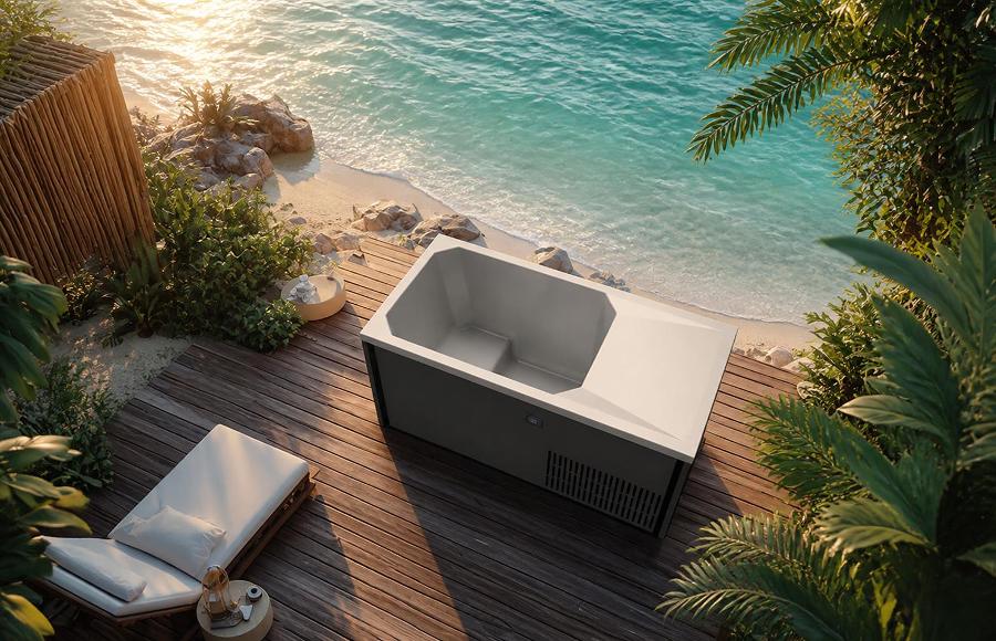 Overhead outdoor rendering of the cold plunge tub on a timber deck facing the ocean at sunset