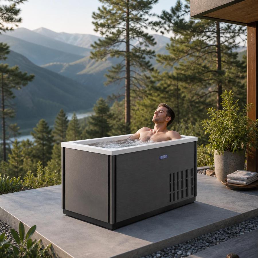 Outdoor cold plunge tub installed on a patio at twilight