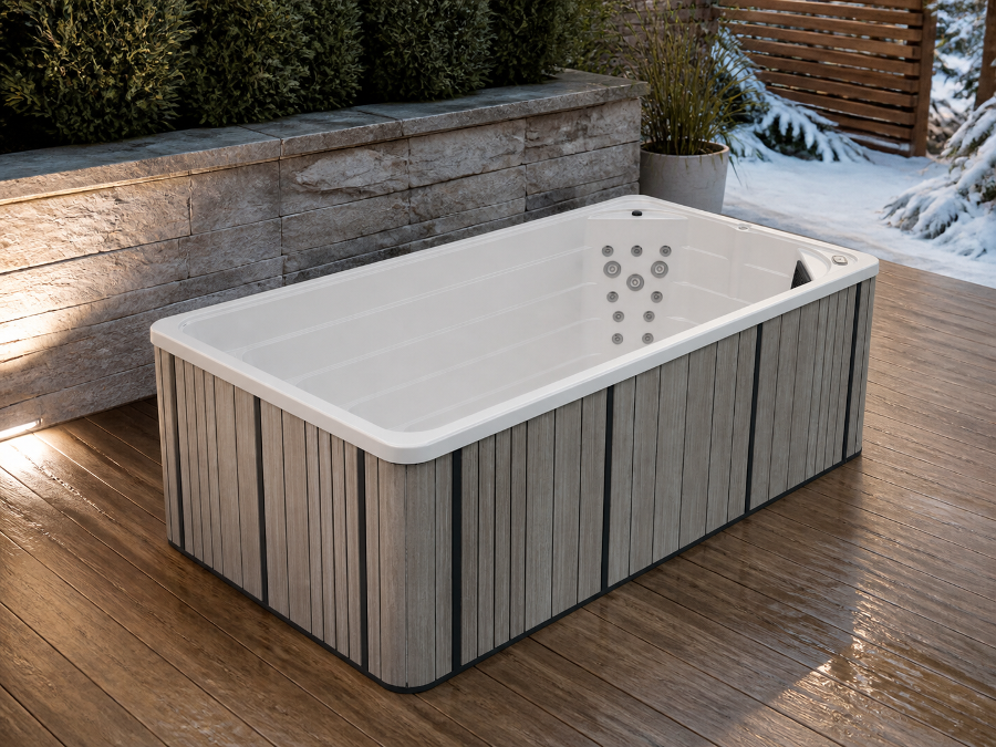 Detail view of the digital LED control panel on the C02 cold plunge tub exterior