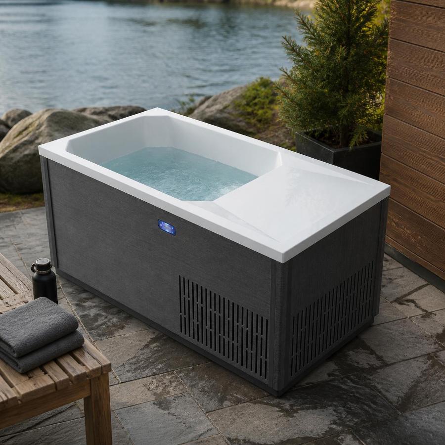 Isometric studio rendering of the C02 cold plunge tub with digital control interface and wood-textured cabinet