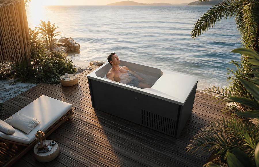 Cold plunge tub installed on a wooden deck overlooking a tropical ocean shoreline at sunset